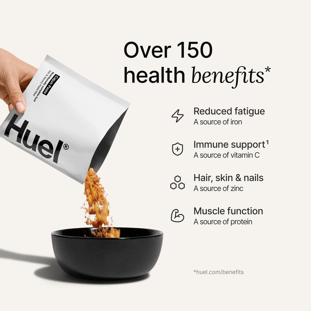Huel hot and savory bolognese water pour, quick preparation with a warm aroma.