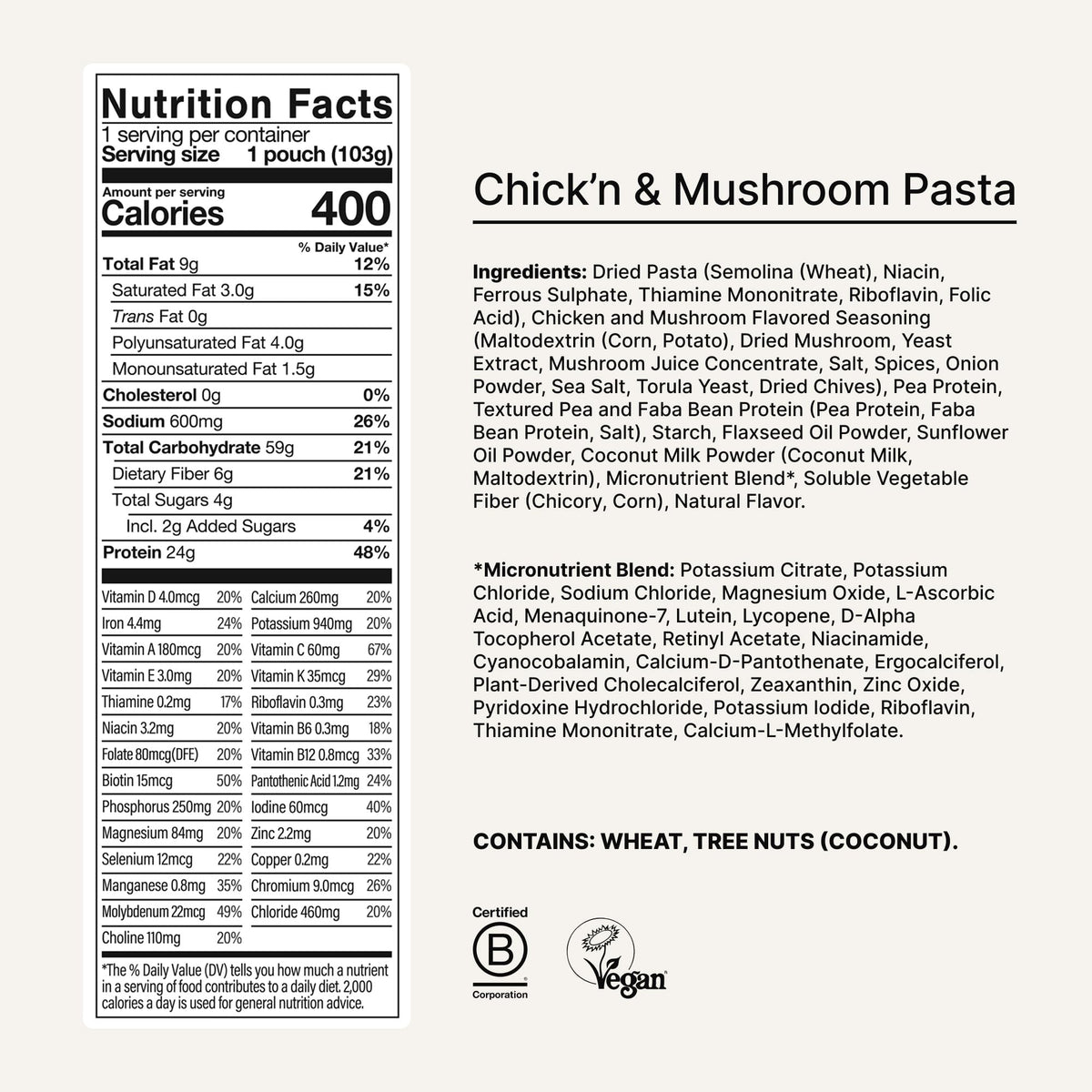 Ingredient close-up shows plant-based ingredients and vitamin-rich formula.