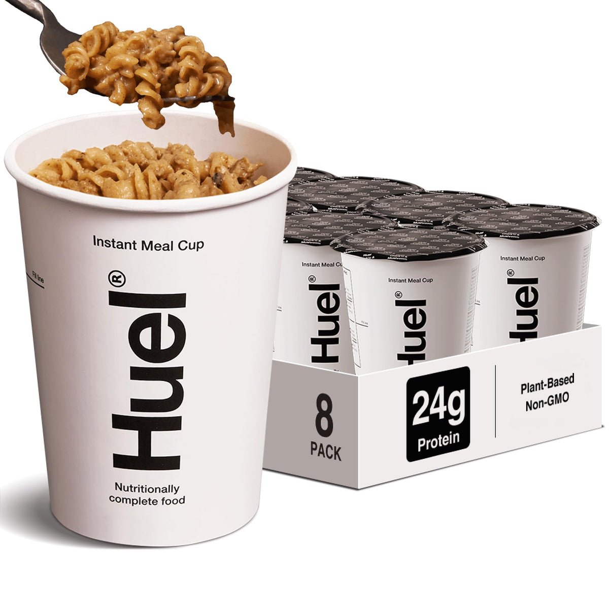 Huel Hot & Savory Chick'n Mushroom Pasta ingredients close-up, highlighting protein and vitamins.