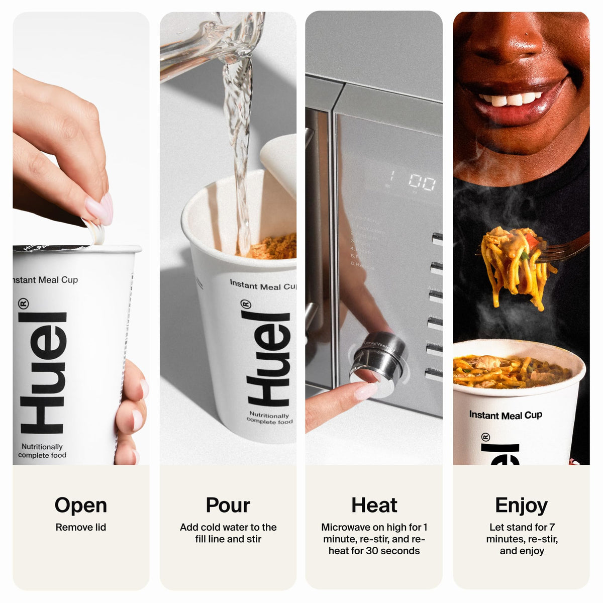 Huel packaging for Hot & Savory Chick'n Mushroom Pasta cups, travel-friendly.