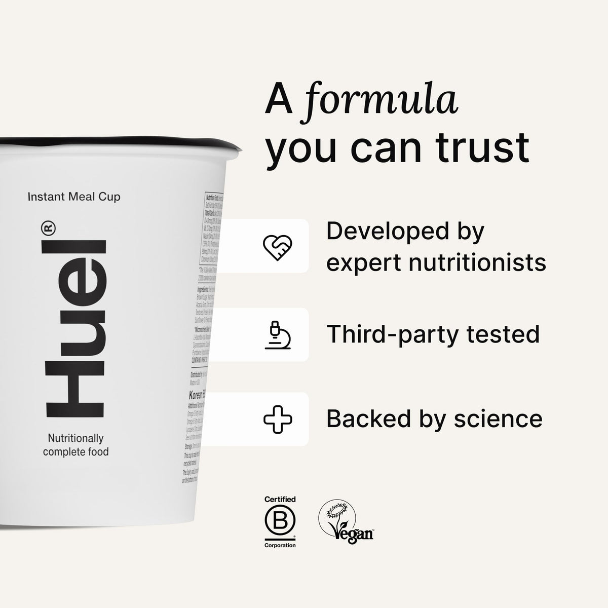 Huel ingredients visual showcasing vegan, gluten-free, dairy-free attributes.