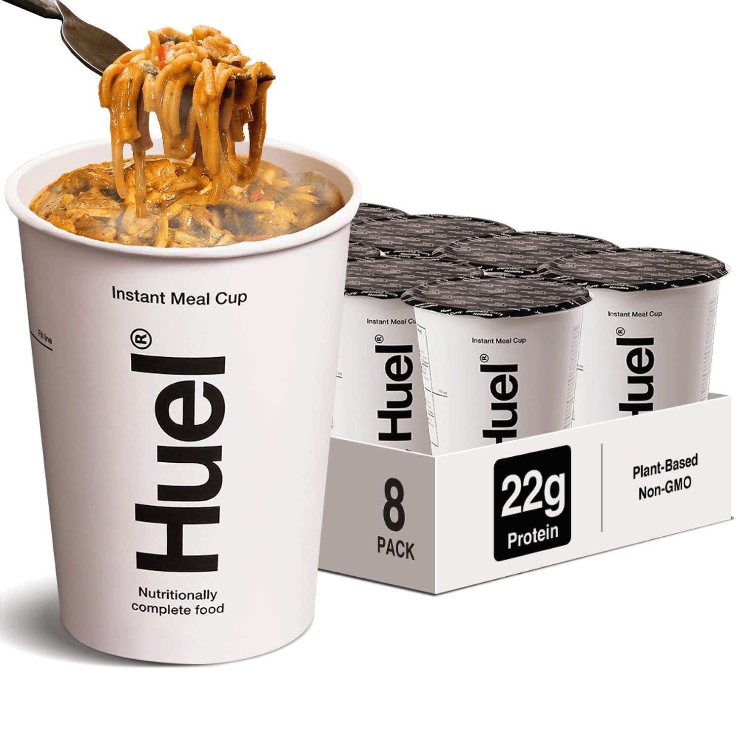 Huel Hot and Savory Cups Japanese Curry Noodles packaging highlighting the product benefits.