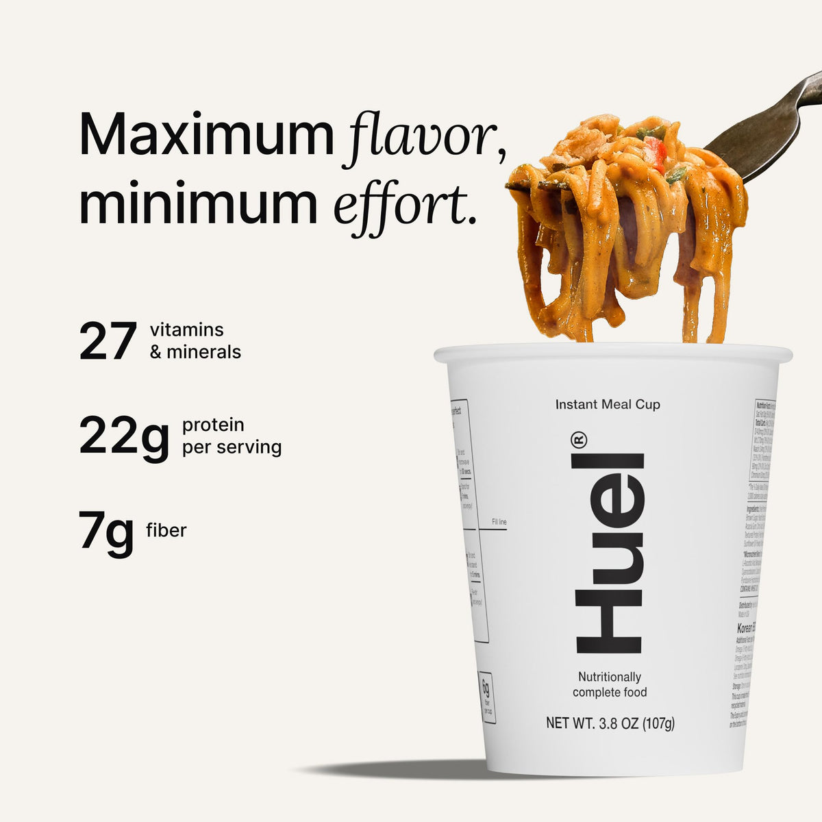 Huel cup unboxing showing packaging and nutrition information for eight servings.