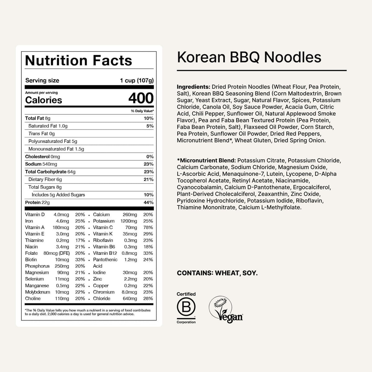Close-up nutrition panel on Huel Korean BBQ Cup highlighting protein and vitamins