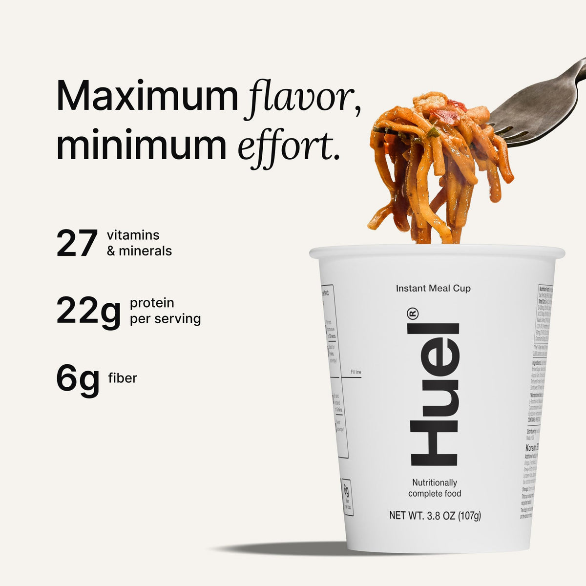 Steaming bowl of Huel Korean BBQ Cup shows protein-packed plant-based meal