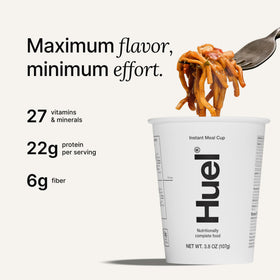 Steaming bowl of Huel Korean BBQ Cup shows protein-packed plant-based meal