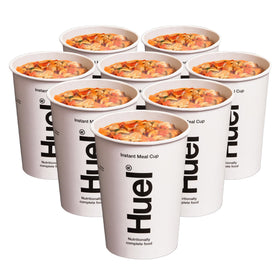 Front view of Huel Hot and Savory Cup highlighting a protein-rich instant meal.