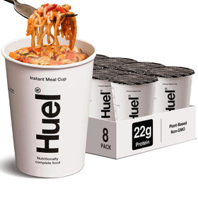 Huel Hot and Savory Cups packaging on shelf, convenient nutritionally complete meal option.
