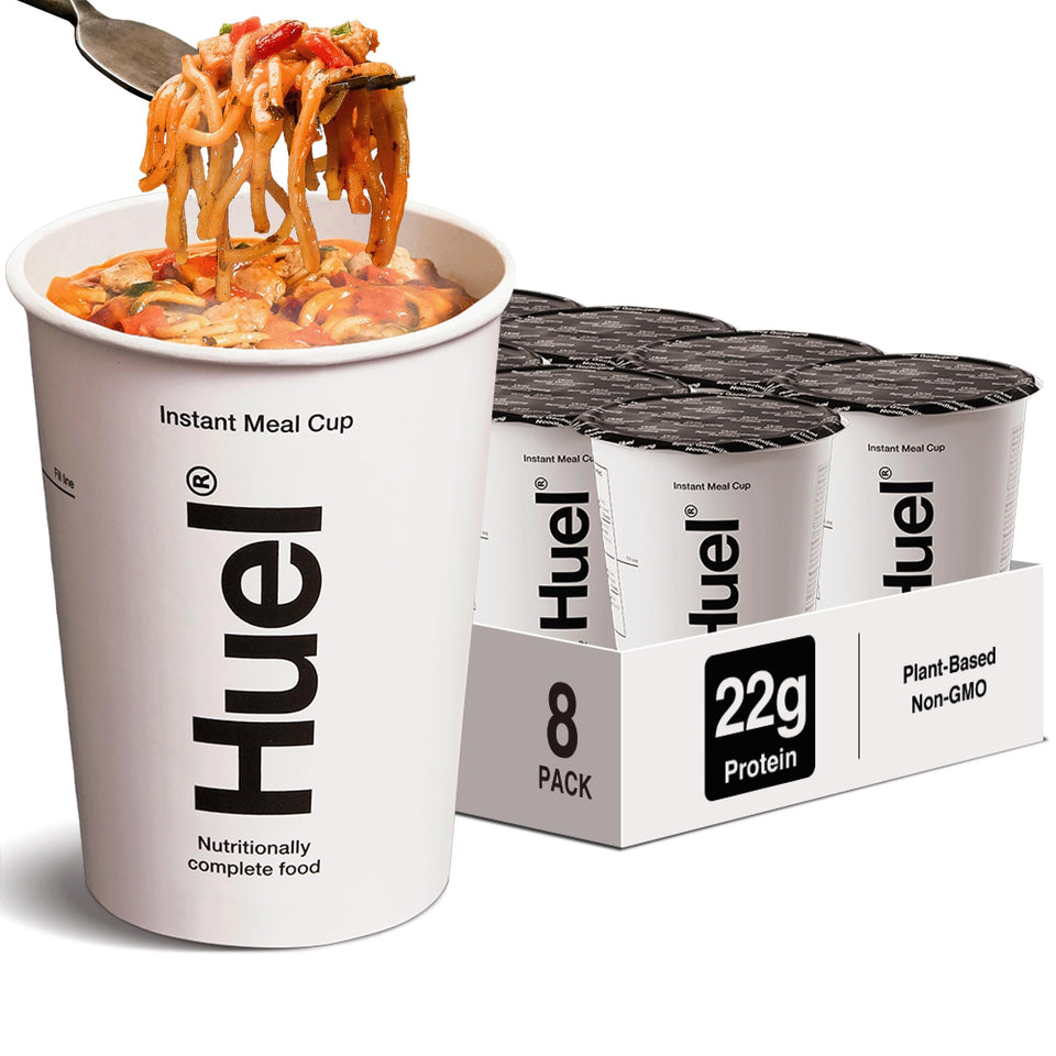 Huel Hot and Savory Cups packaging on shelf, convenient nutritionally complete meal option.