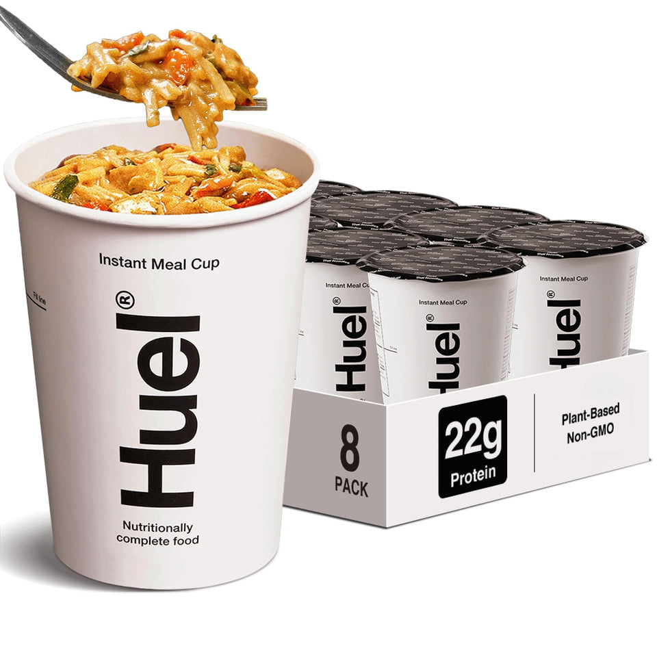 Huel hot and savory Thai noodles packaging shows quick meal convenience