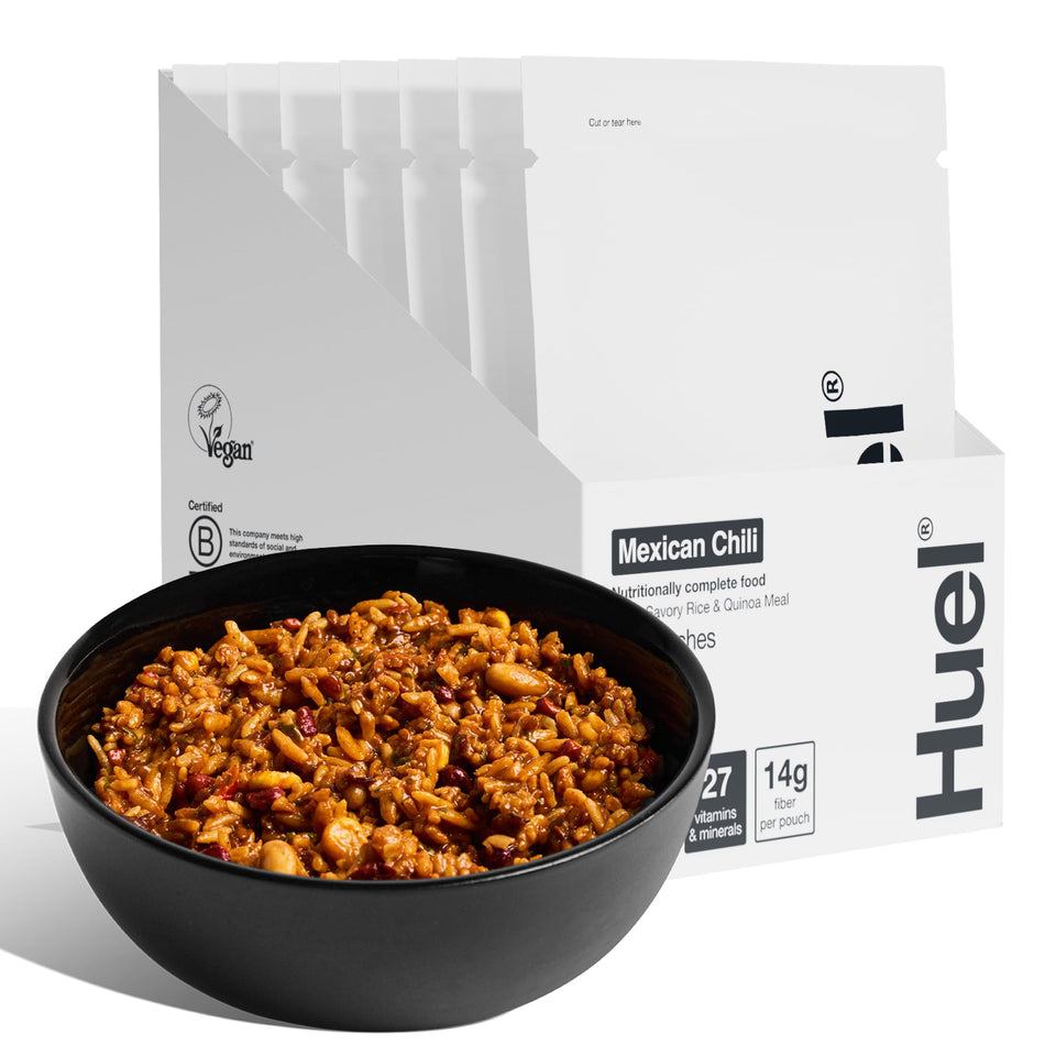 Huel Hot and Savory Mexican Chili pack, protein-packed plant-based meal for quick lunches.