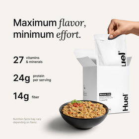 Huel Hot and Savory microwave-ready bowl for fast dinners.