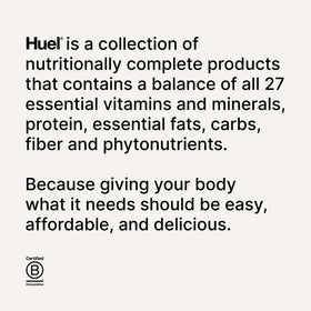 Huel vegan and gluten-free label indicating dietary suitability.
