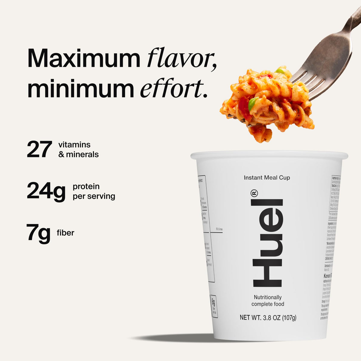 Huel Hot and Savory Bolognese cup with steam rising, a quick balanced meal.