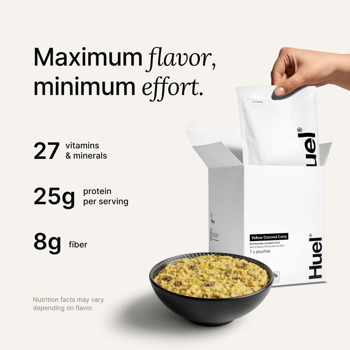 Huel Hot Savory Yellow Coconut Curry bowl steaming for a warm, high-protein lunch.