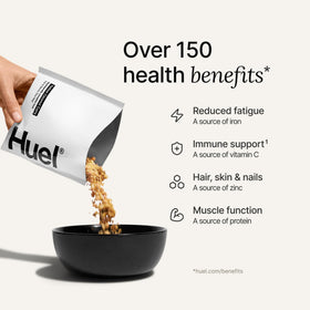 Huel Yellow Coconut Curry spices and ingredients highlight vegan, gluten-free nutrition.