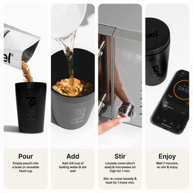 Huel Plant-based protein and vitamins label emphasizing up to 25g protein.