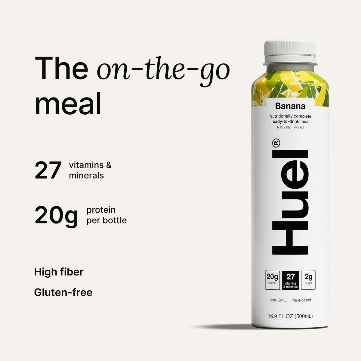 Huel Ready-to-Drink Banana nutrition panel highlights 20g protein and essential vitamins