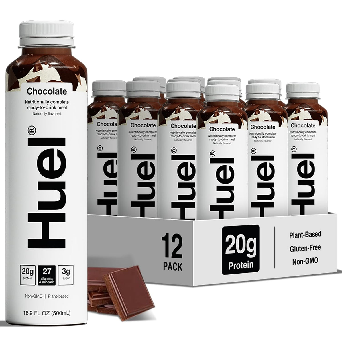 Huel Ready-to-Drink chocolate bottle, protein-rich breakfast on the go