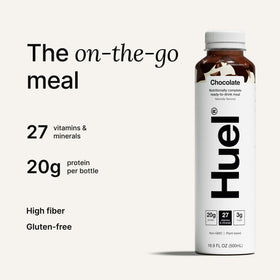 Huel chocolate label close-up highlighting vitamins and minerals