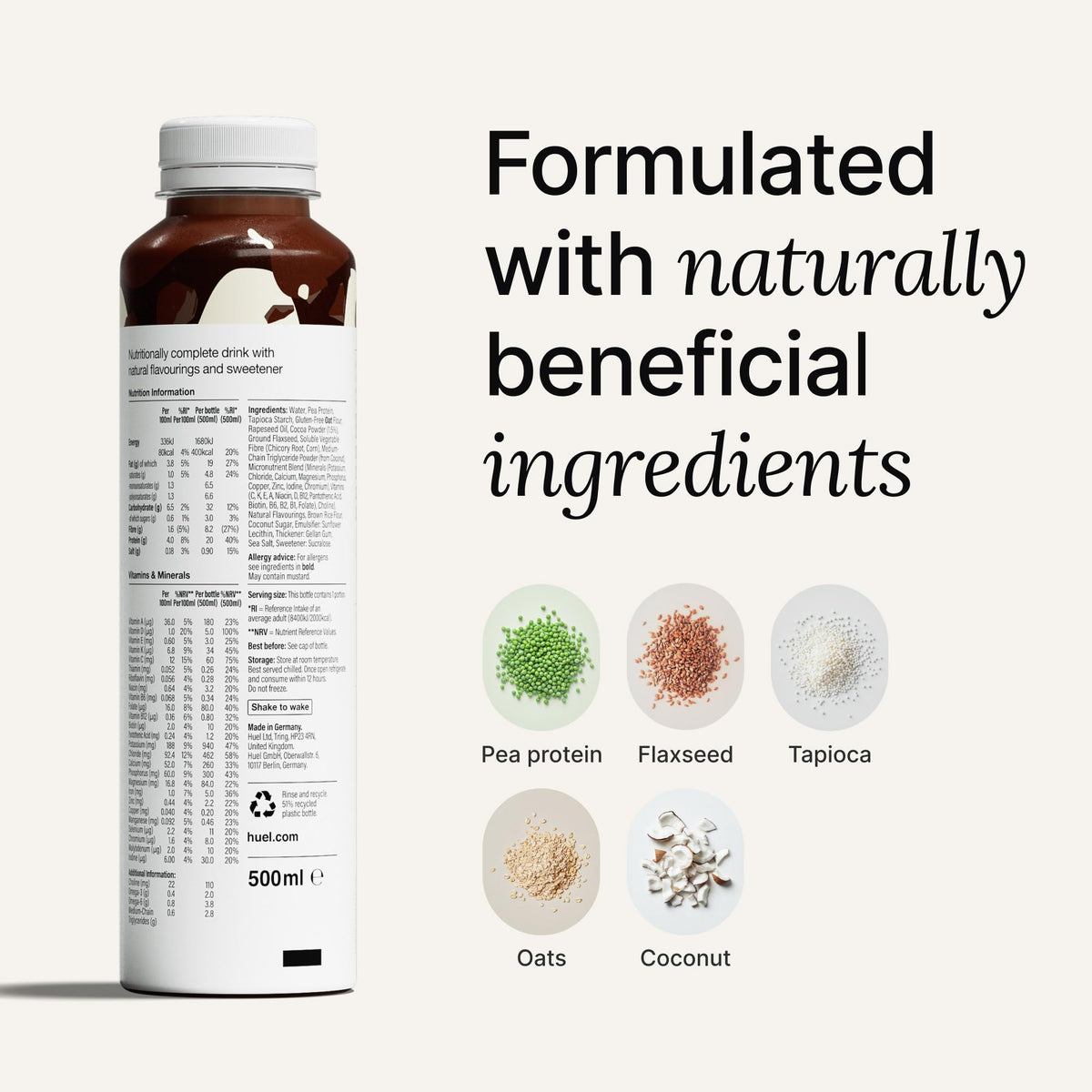 Huel Ready-to-Drink chocolate nutrition panel showing 20g protein