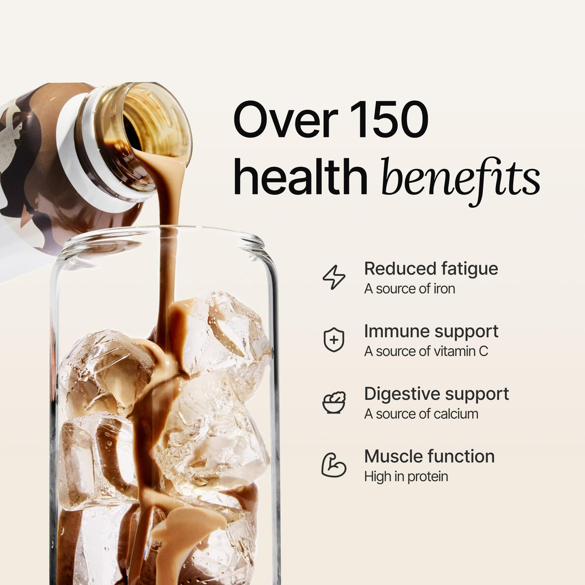 Huel chocolate being poured into a glass for quick meal