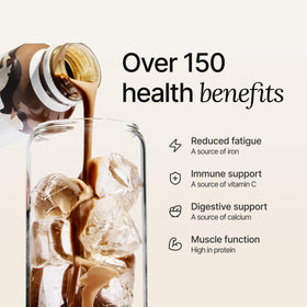 Huel chocolate being poured into a glass for quick meal