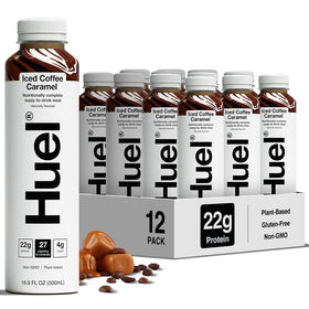 Huel Ready-to-Drink Iced Coffee Caramel bottle front view, convenient high-protein breakfast option.