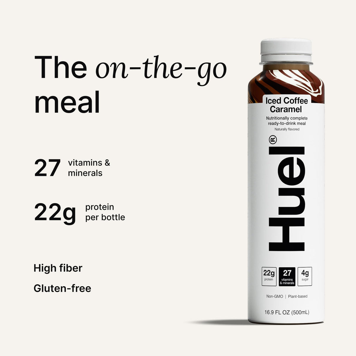 Pour shot of Huel Ready-to-Drink Iced Coffee Caramel, showcasing quick serving.
