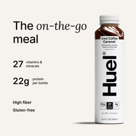 Pour shot of Huel Ready-to-Drink Iced Coffee Caramel, showcasing quick serving.