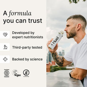 Close-up of the nutrition panel on Huel Ready-to-Drink Iced Coffee Caramel bottle.