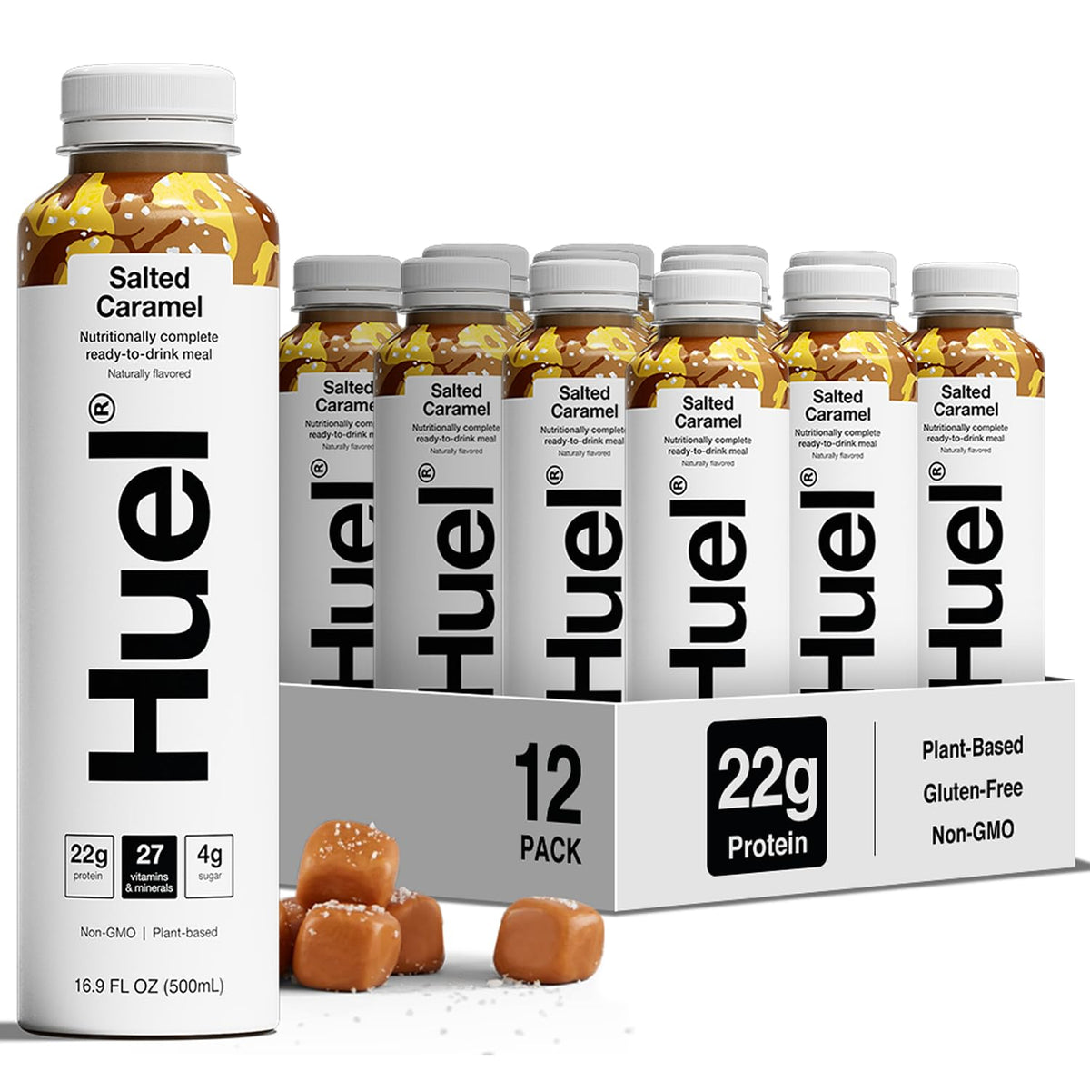 Huel Ready-to-Drink Salted Caramel bottle showcases protein-rich convenience for busy mornings.