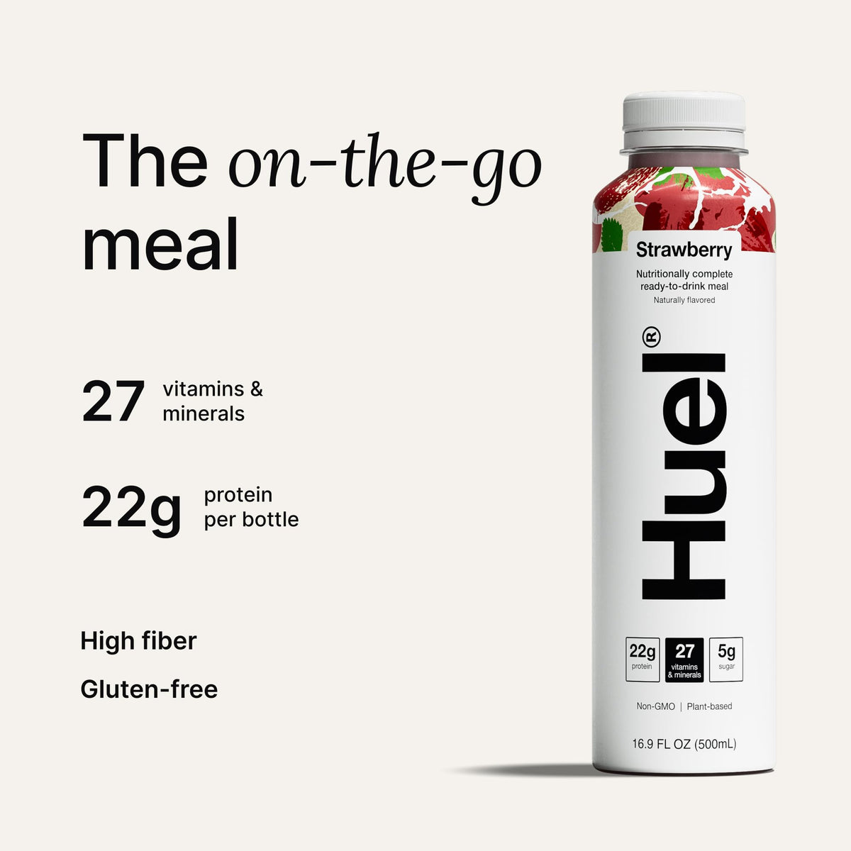 Huel Ready-to-Drink Strawberry bottle pour—creamy, convenient meal replacement in action.