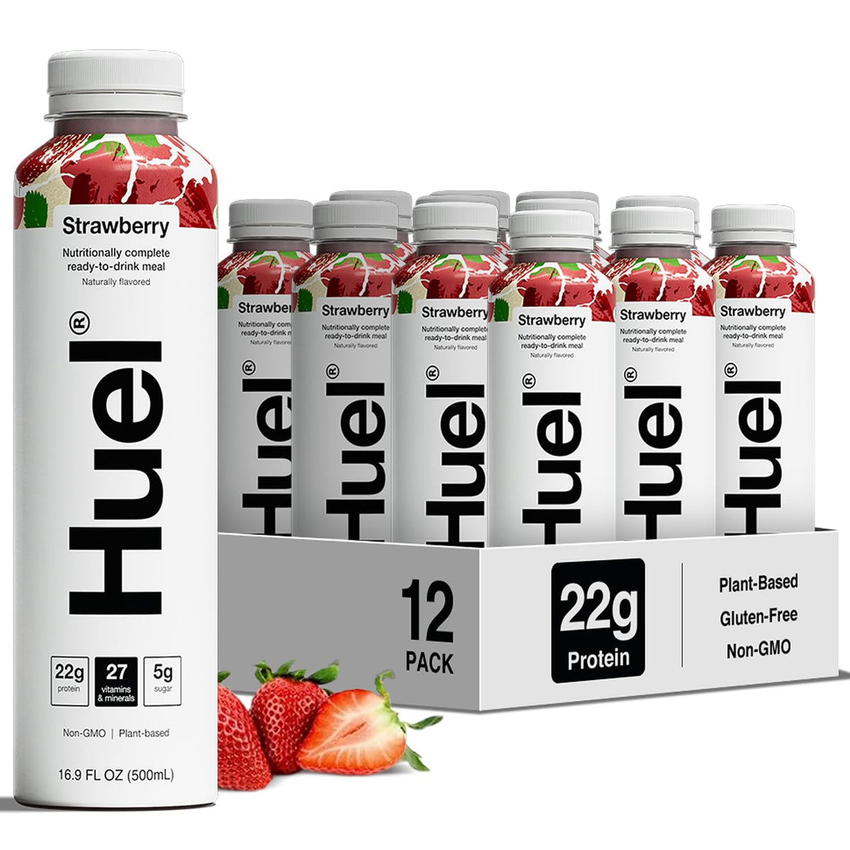 Huel Ready-to-Drink Strawberry bottle—on-the-go protein boost for a busy morning.