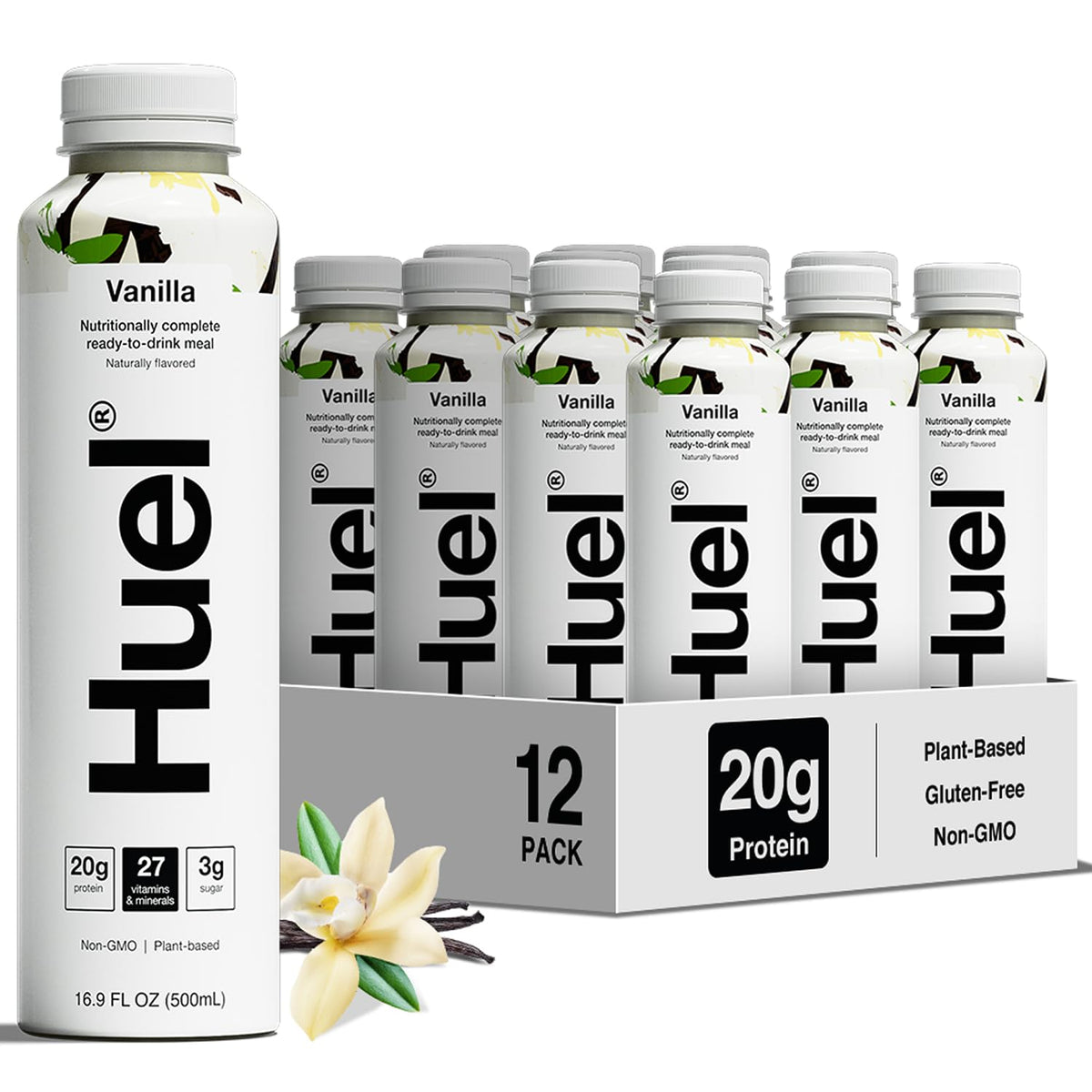Huel Ready-to-Drink Vanilla bottle showcases protein-packed meal replacement for a busy morning.