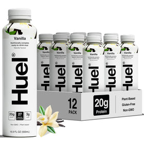 Huel Ready-to-Drink Vanilla bottle showcases protein-packed meal replacement for a busy morning.
