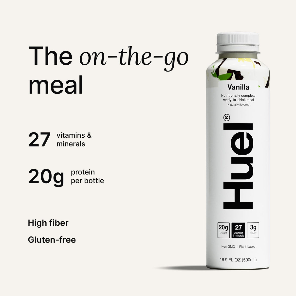 Close-up of Vanilla RTD label highlights essential vitamins and minerals.