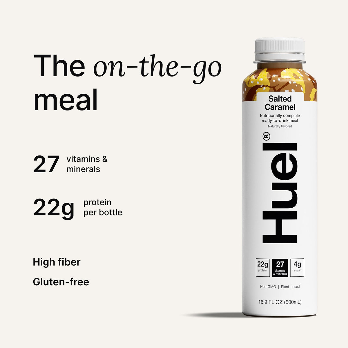 Huel Salted Caramel label closeup highlights complete nutrition on the go.