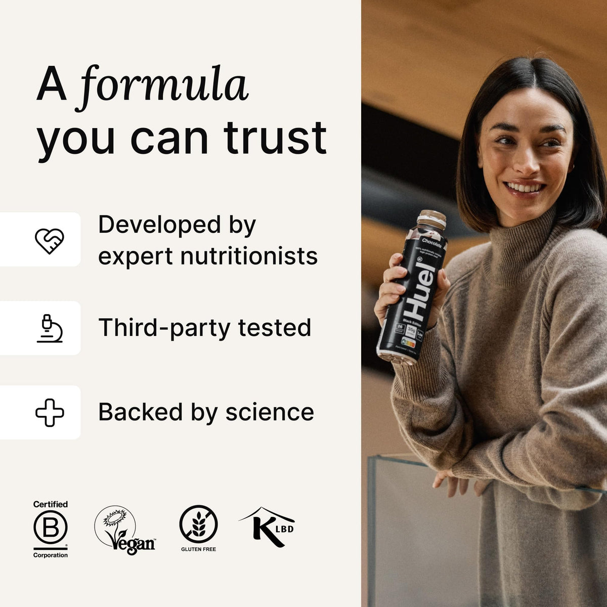 Huel vanilla bottle on desk for a fast lunch