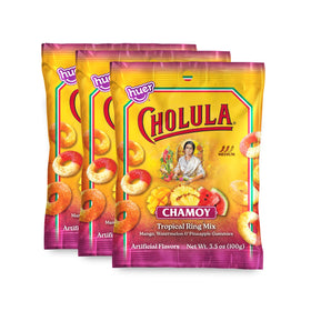 HUER Cholula Chamoy Tropical Gummy Rings mango with spicy coating, ideal for snacking