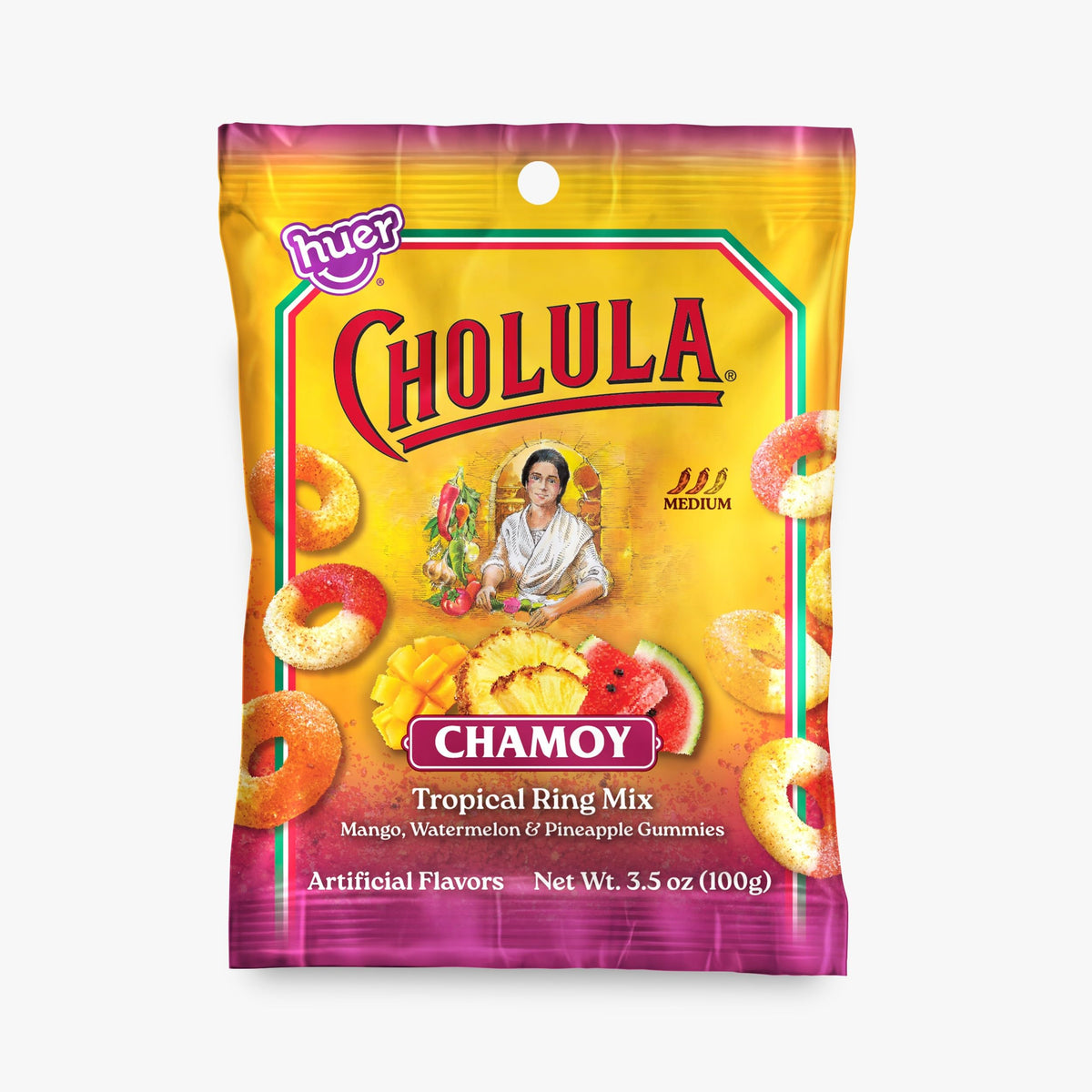 HUER Cholula Chamoy Tropical Gummy Rings watermelon with tang and heat