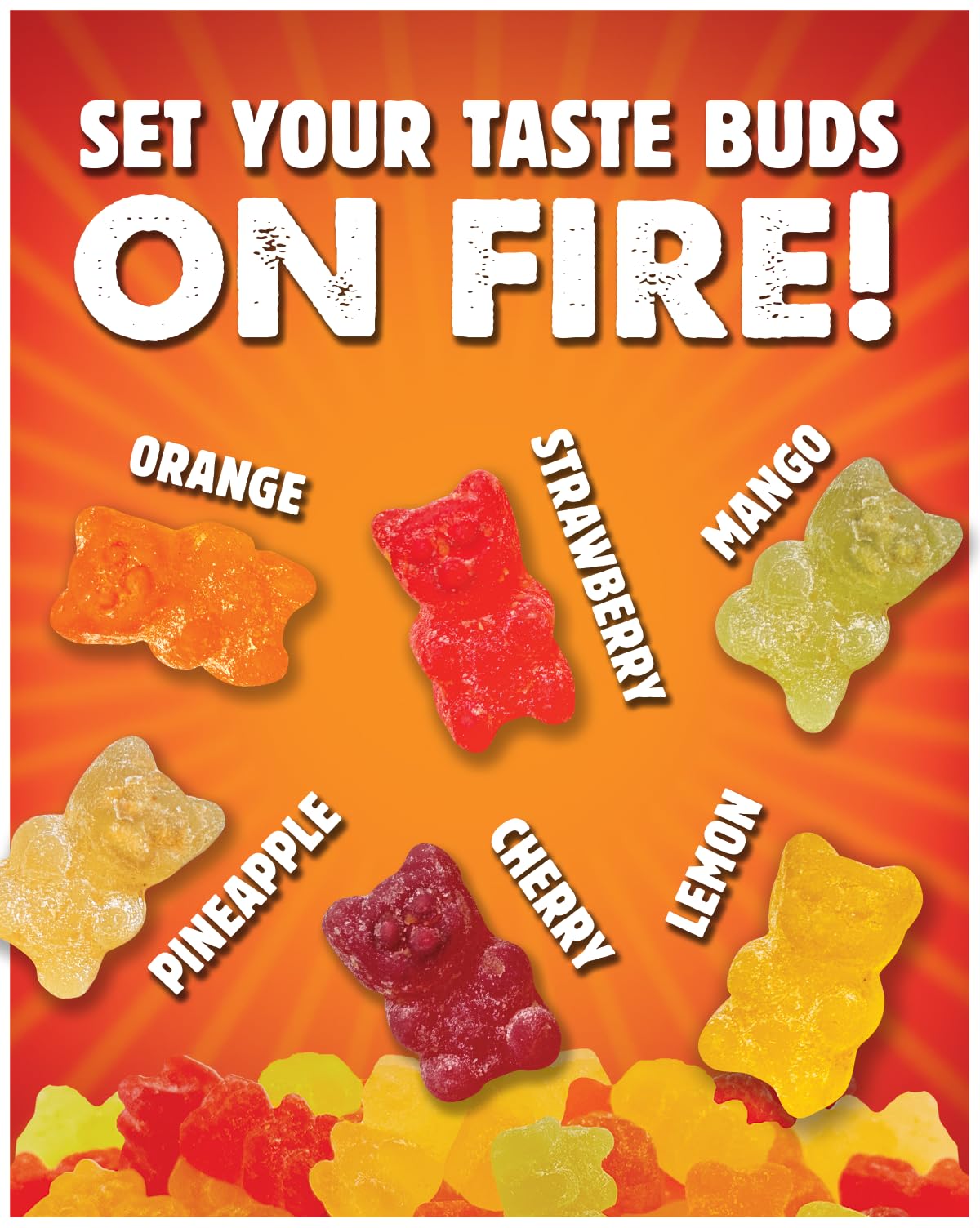 Close-up of coating on Huer gummy bears with Frank's spice layer for heat flavor.