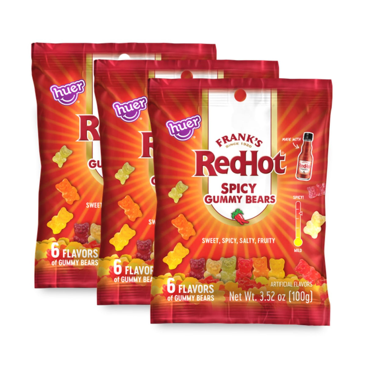 Huer Frank's RedHot spicy gummy bears front pack view showing bold color and packaging.