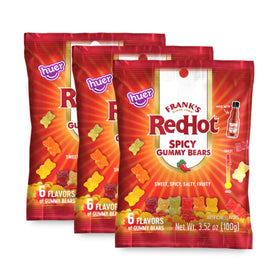 Huer Frank's RedHot spicy gummy bears front pack view showing bold color and packaging.