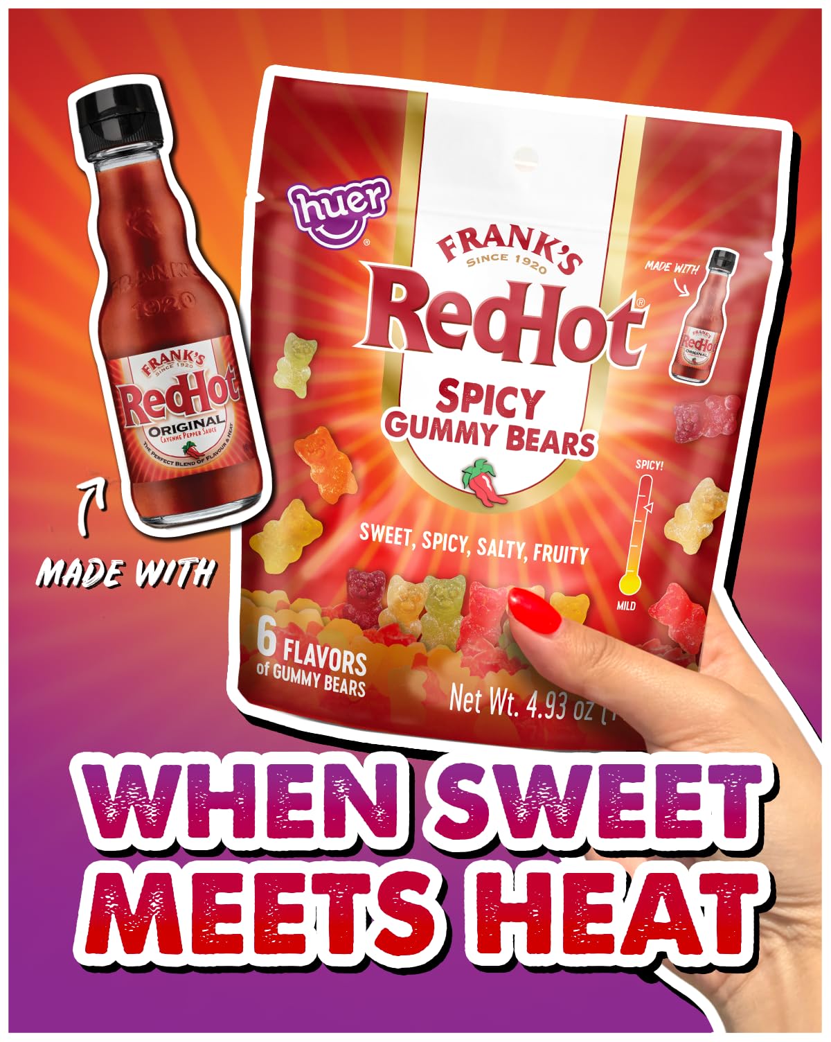 Close look at the six flavors in Huer Frank's RedHot gummy bears pack.