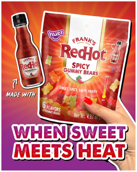 Close look at the six flavors in Huer Frank's RedHot gummy bears pack.