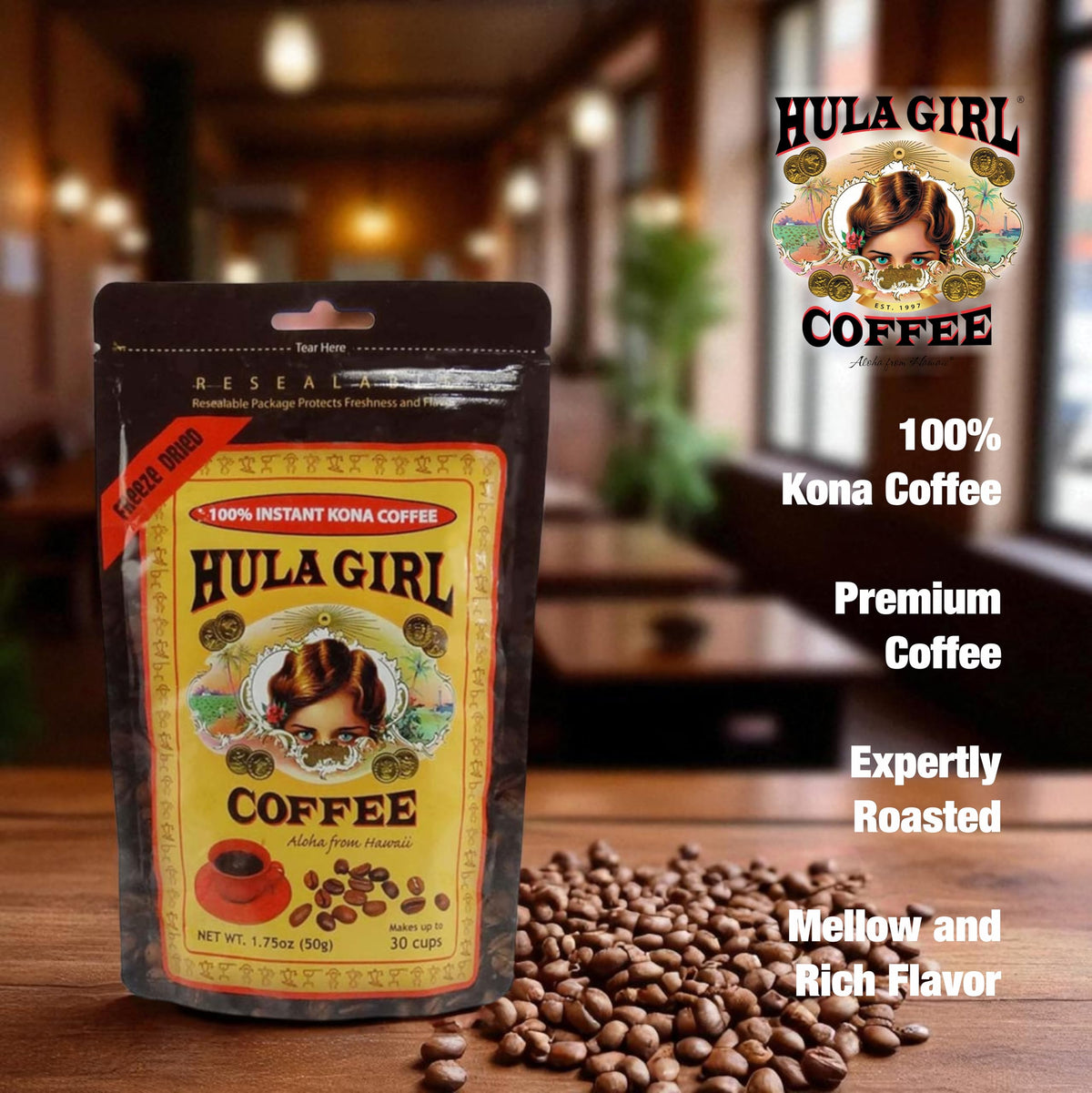 Hula Girl Kona Coffee aroma preserved by freeze-drying process
