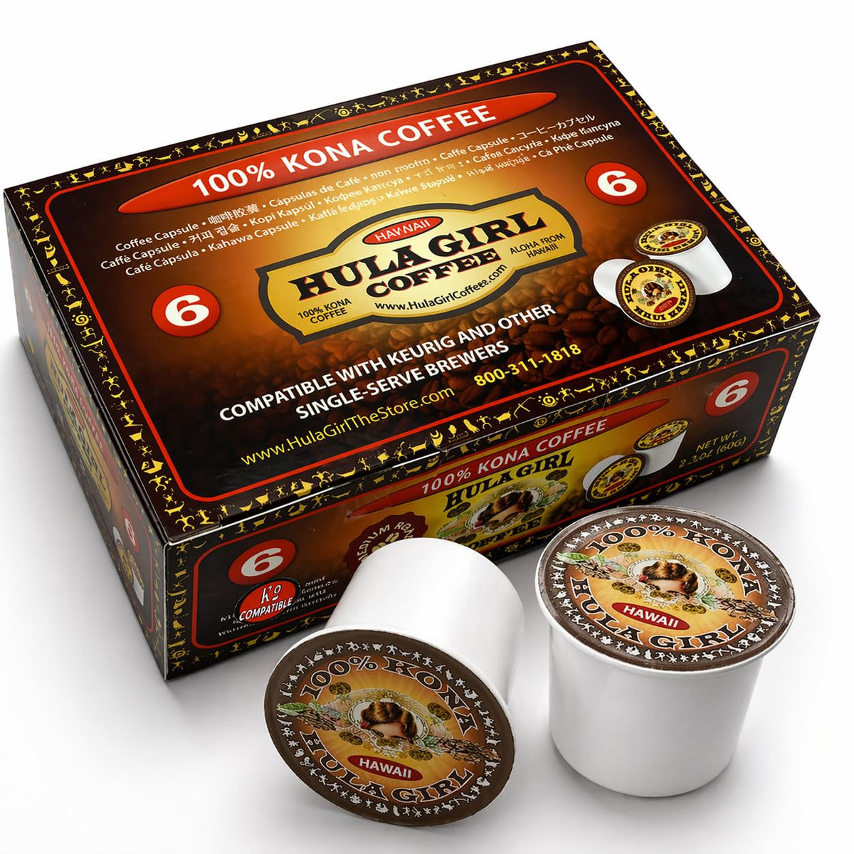 Hula Girl Kona coffee box with six K-Cups, convenient Keurig refresh.