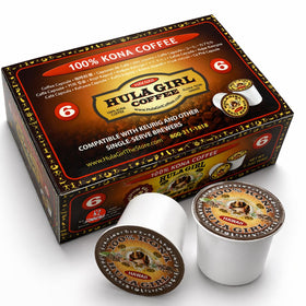 Hula Girl Kona coffee box with six K-Cups, convenient Keurig refresh.