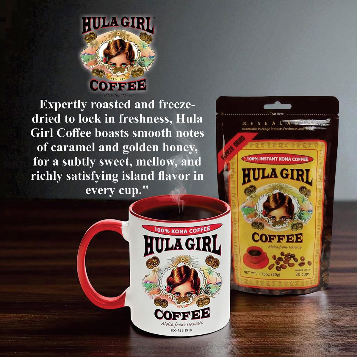 Hula Girl Kona Coffee compact pouch for travel and on the go